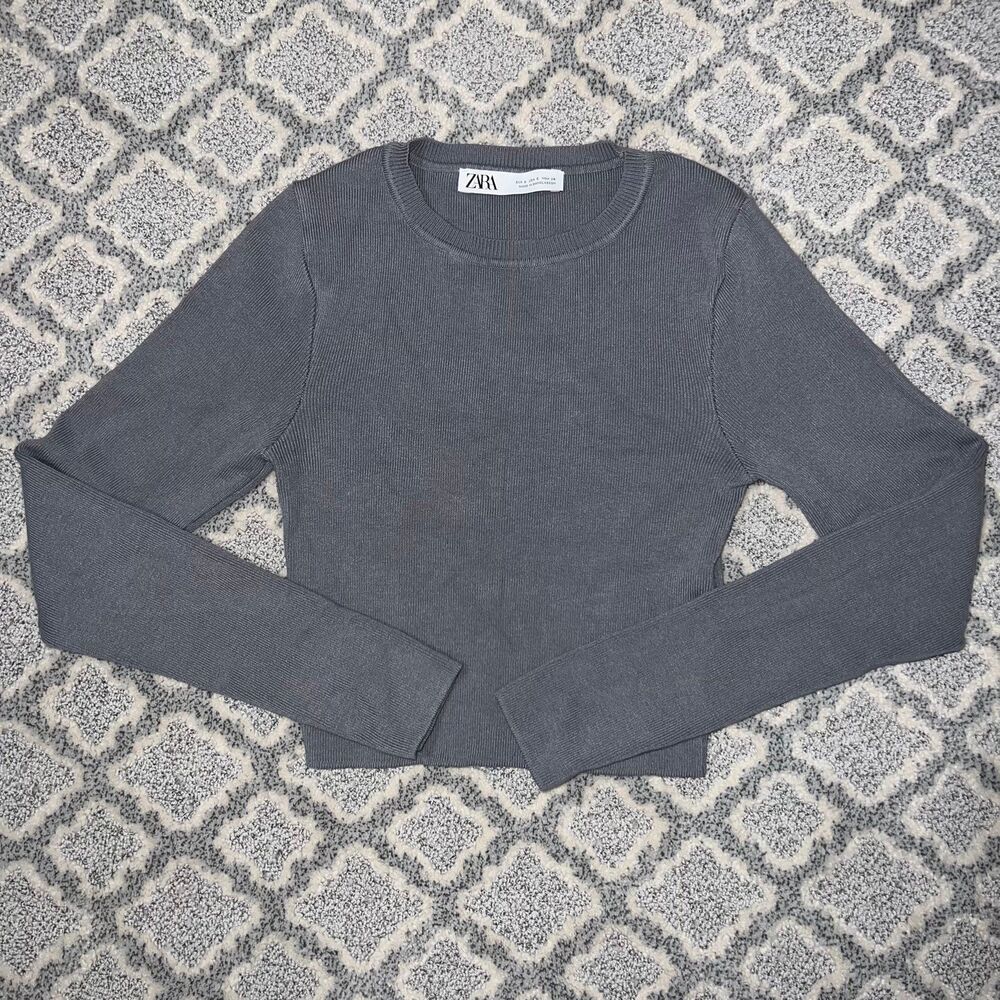 Zara Grey or Gray Knitted Ribbed Cropped Sweater